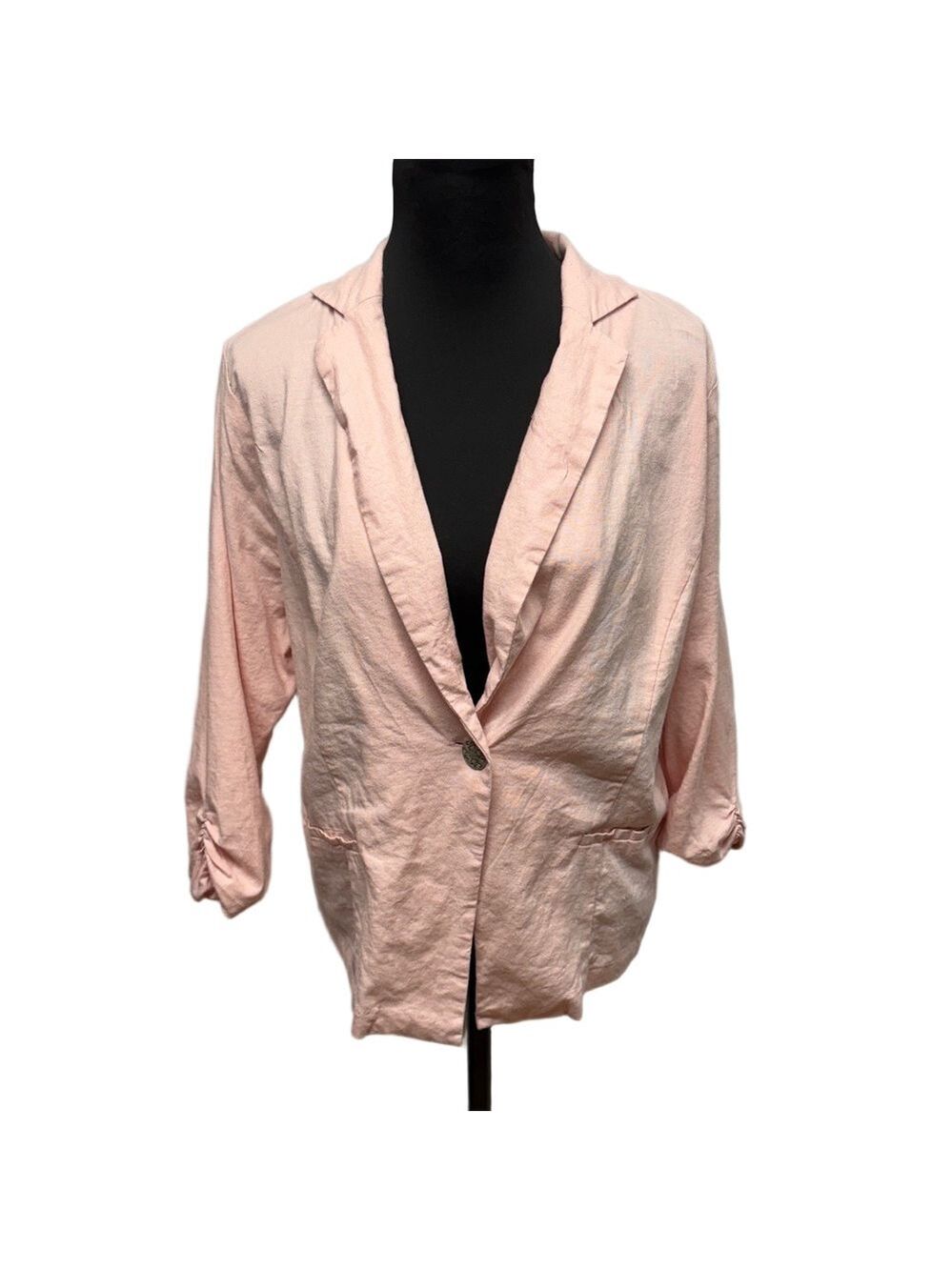 Vanity 2XL Blush Pink Linen Blend Lace Trim Open Front Blazer Plus Size